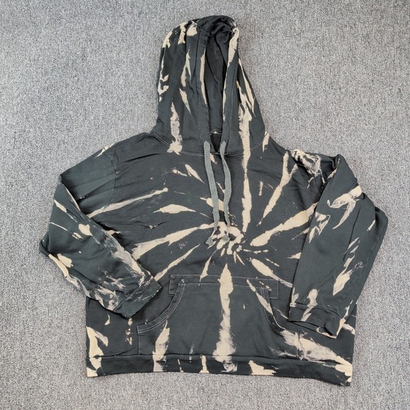 Boutique Grunge Bleach Wash Spiral Tie Dye Hoodie L Black Tan Cotton Oversized — photo 2